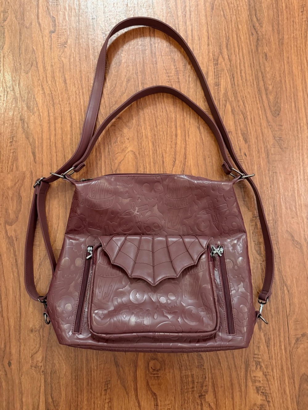 Dark Mother Co Maroon Goth Embossed Skull Convertible Backpack Crossbody